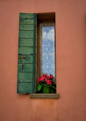 Burano window with lace curtain